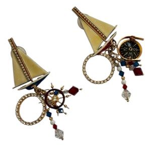 Lunch At The Ritz Nautical Sailboat Gold Blue Earrings Beaded Rhinestones Charms